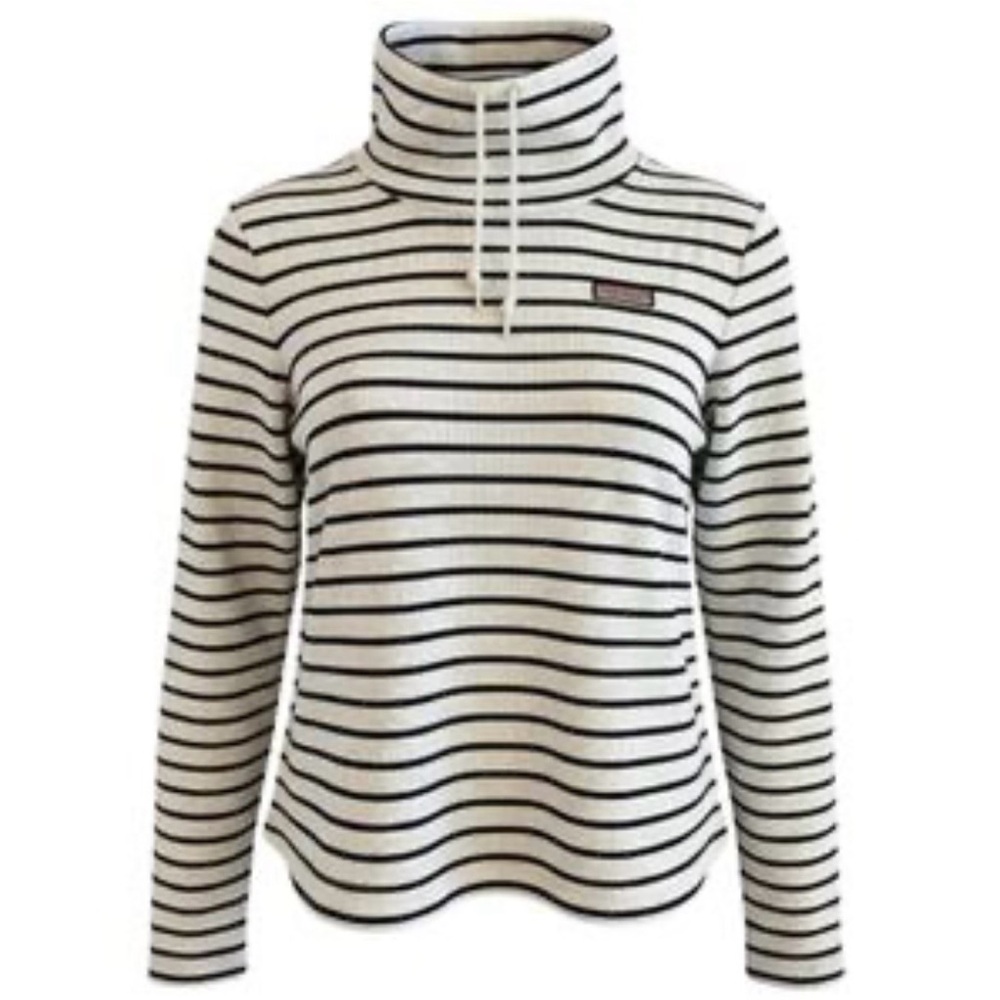 Vineyard Vines Cream and Black Striped Funnel Neck Long Sleeve Top🐳